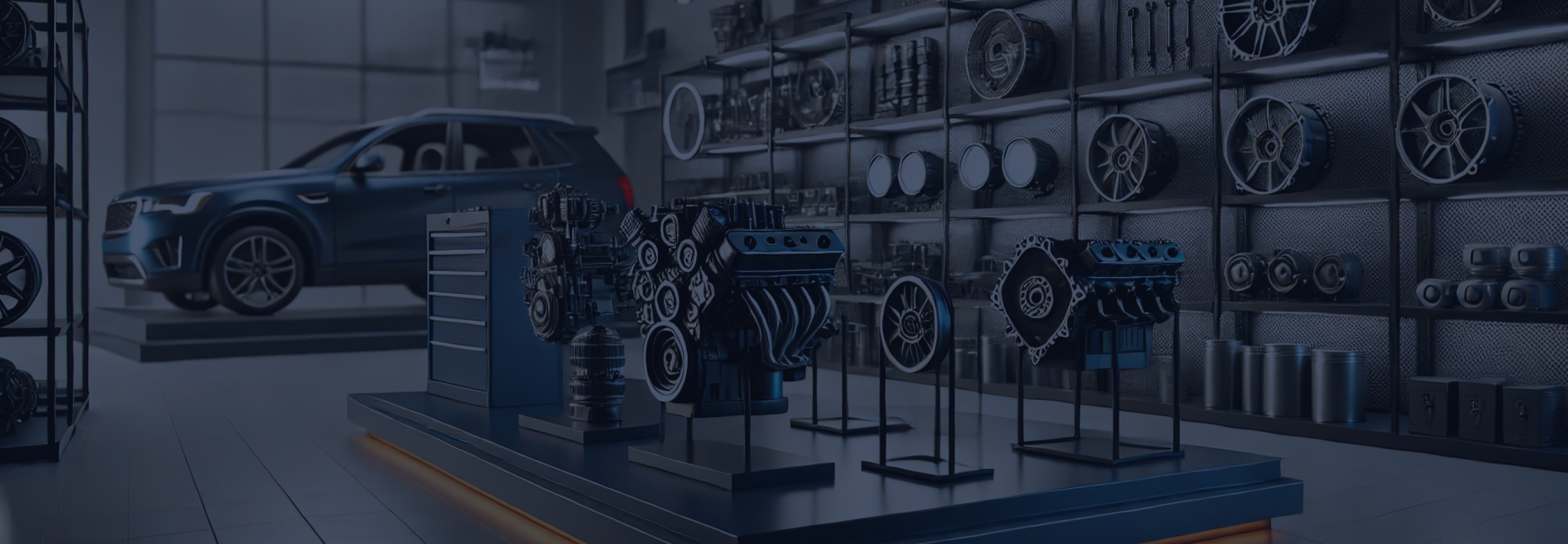 Oficina com um carro, motores, rodas e calotas